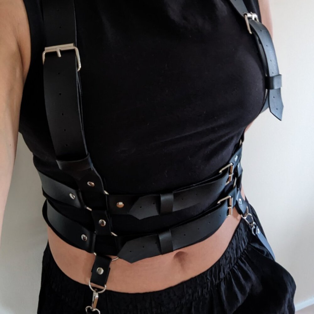 Vegan leather harness with silver hardware